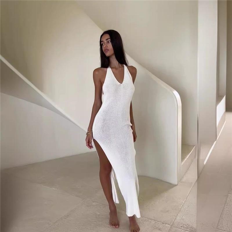 

Женское летнее платье макси без рукавов, пляжное платье на бретелях, вечернее платье с открытой спиной, длинное платье, элегантная повседневная одежда S белый