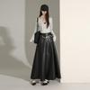 Women's High-End Retro Black PU Leather Pleated Midi Skirt - New Autumn/Winter Slim Fit, Large Swing Umbrella Style