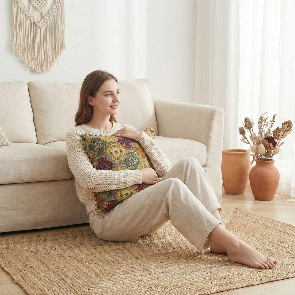 Retro Bohemian Pillow Cushion with Tassel Decorative Printing Ethnic Style Cushion Comfortable Super Soft Decorative Cushion