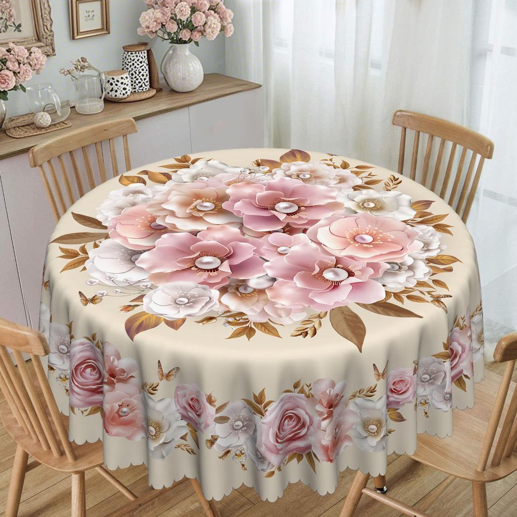An Elegant White And Pink, White Pearl Luxury Floral Tablecloth With A Beige Background.