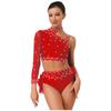 Sparkly Rhinestone Latin Dance Set for Womens - One Shoulder Long Sleeve Crop Top with Back Feather Briefs 2-Piece for Belly Dance Chacha Tango