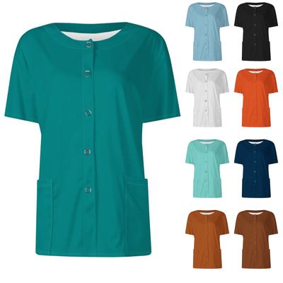 Women's Short Sleeved Patterned Pockets, Work Print Stand Up Collar, Single Breasted Protective Clothing, Cardigan Jacket, Top
