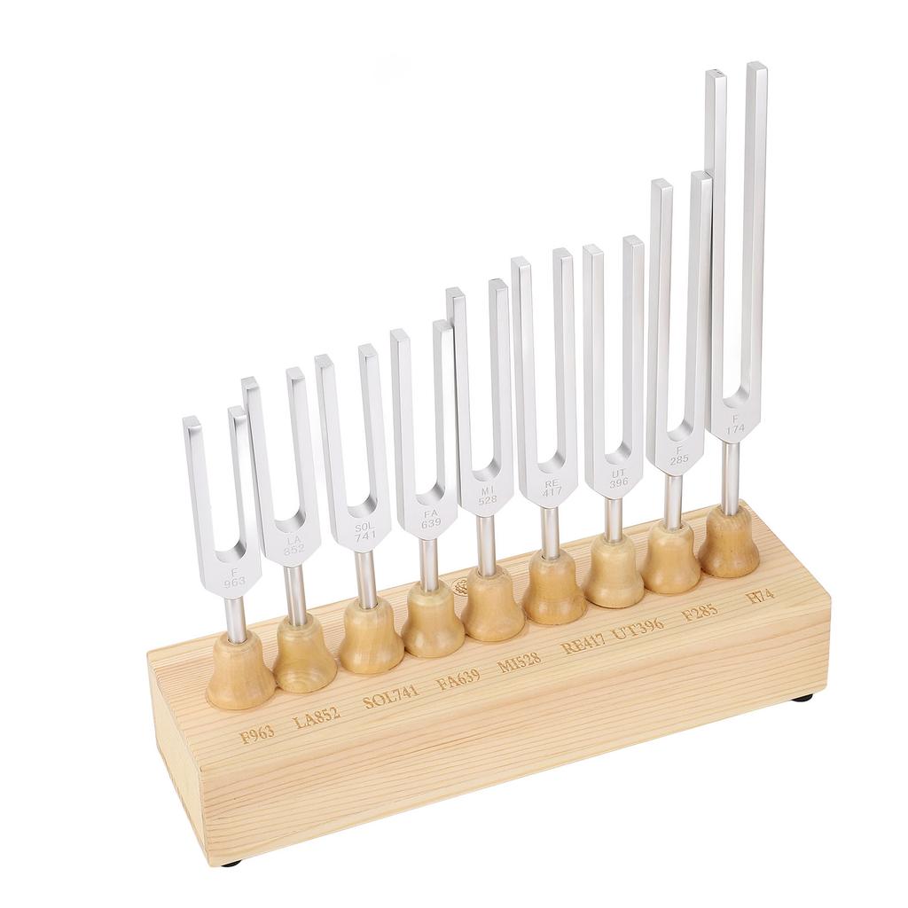 9 Pcs Tuning Fork Set 174 285 396 417 528 639 741 852 963Hz Tuning Fork Sound Healing Tool with Hammer and Wood Base