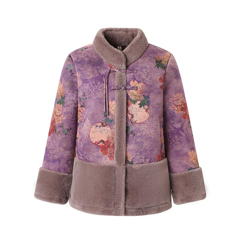 Velvet Plus Ancient Style Print Warm Jacket for Middle-Aged & Elderly Women - Winter Casual Wear