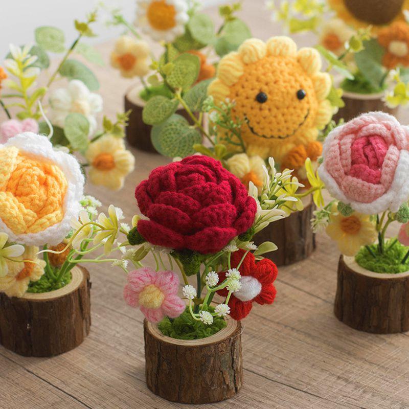 Hand Woven Potted Crochet Artificial Flower Desk Decoration