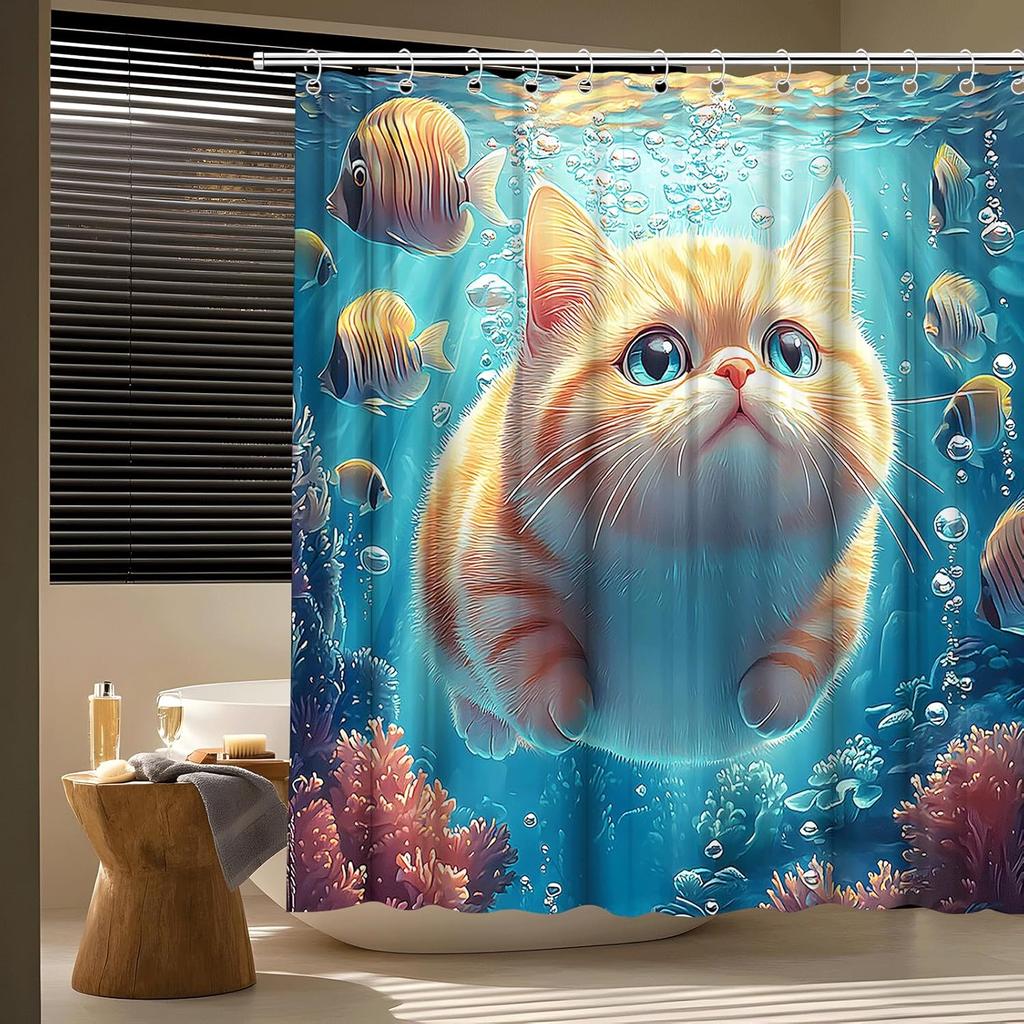 Funny Ocean Cat Shower Curtain Cute Orange Kitten Swimming and Fish in Sea Underwater World Coral Animal Lovely Pets Curtain