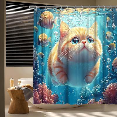 Funny Ocean Cat Shower Curtain Cute Orange Kitten Swimming And Fish In Sea Underwater World Coral Animal Lovely Pets Curtain