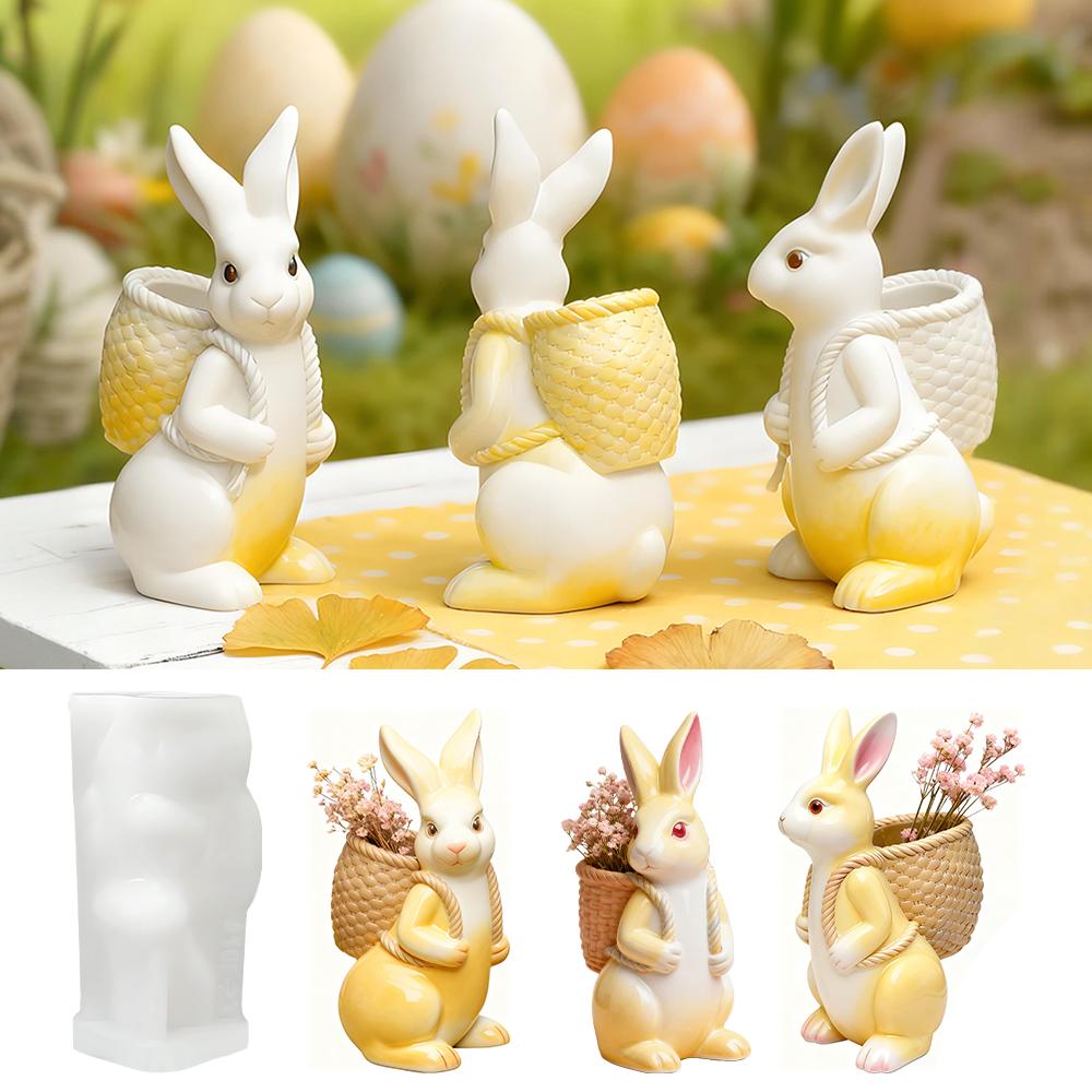 DM1299 Easter Basket Rabbit Flower Pot Resin Silicone Mold Bunny Storage Candle Jar Gypsum Plaster Cement Concrete Molds