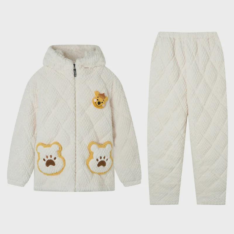 Women's Winter Pajama Set - Three-Layer Quilted, Thick Velvety Coral Fleece, Warm & Cute Bear Design