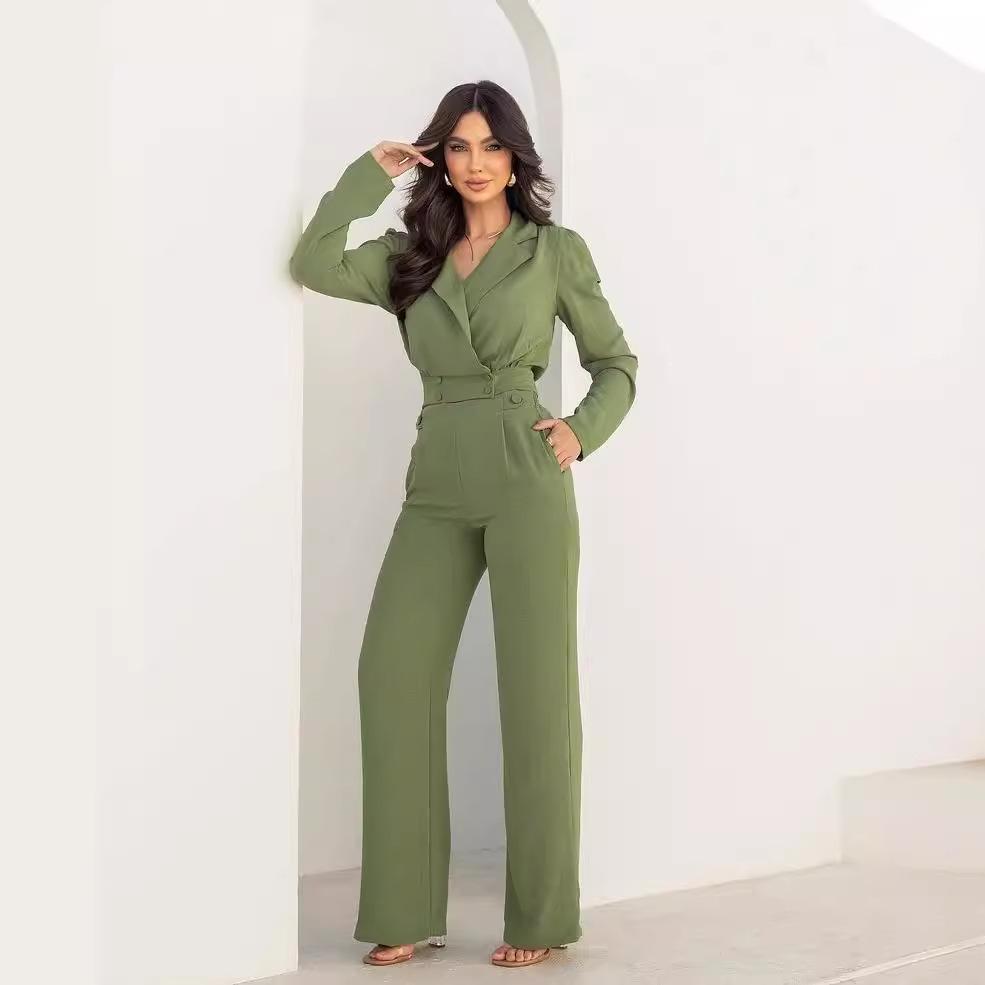

2024 Осень Европейский и американский однотонный топ с лацканами и завязками на талии и брюки с высокой талией и широкими штанинами Double Extra Large зелёный