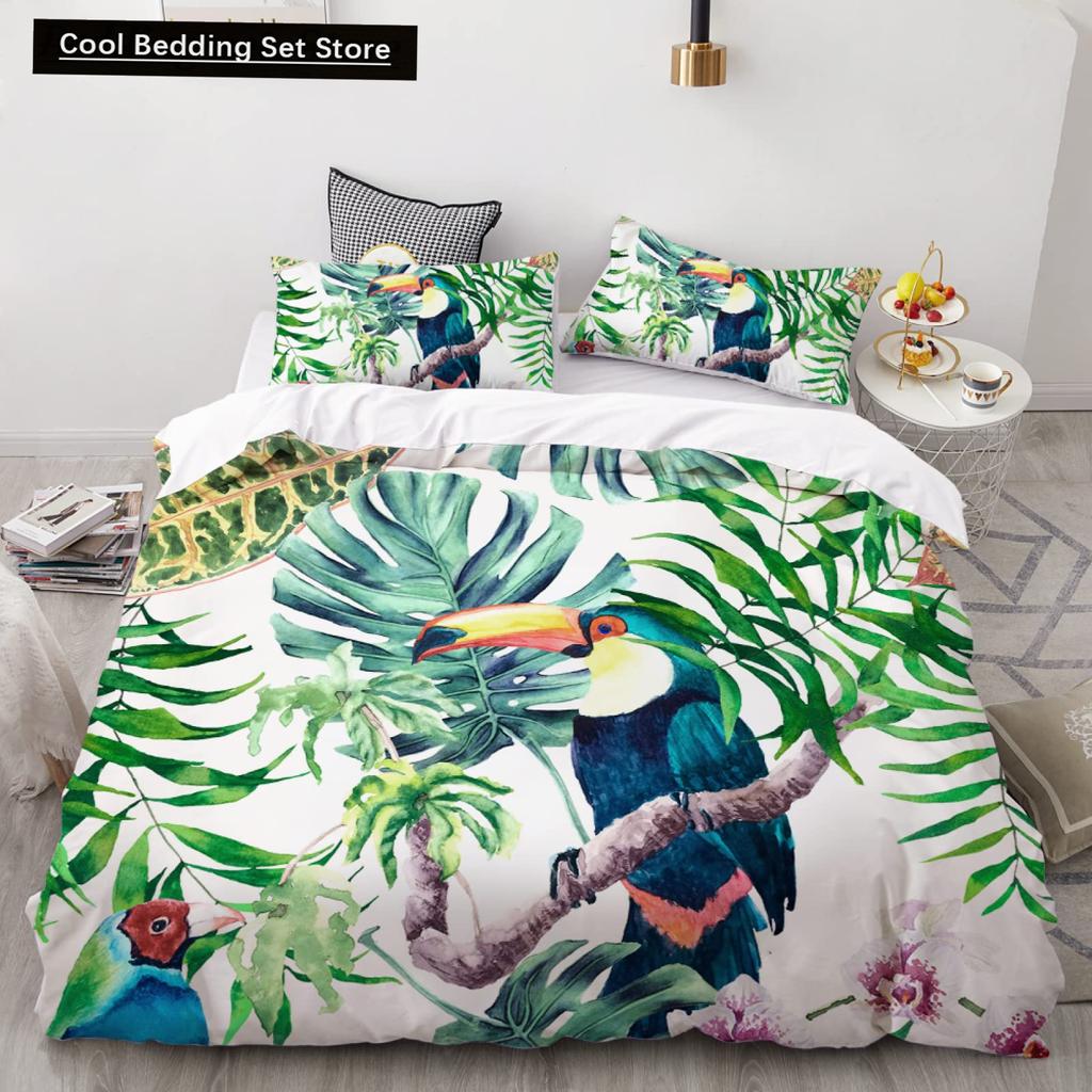 Parrot King Queen Duvet Cover Colourful Feather Bedding Set Rain Trees Bird Quilt Cover Sunset Mountain Natural Comforter Cover