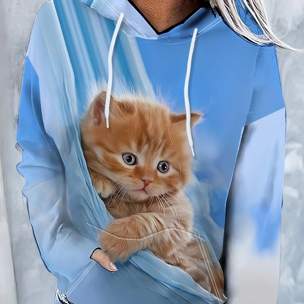 Cute Cat Print Drawstring Hoodie, Casual Long Sleeve Drop Shoulder Hoodie, Women's Clothing