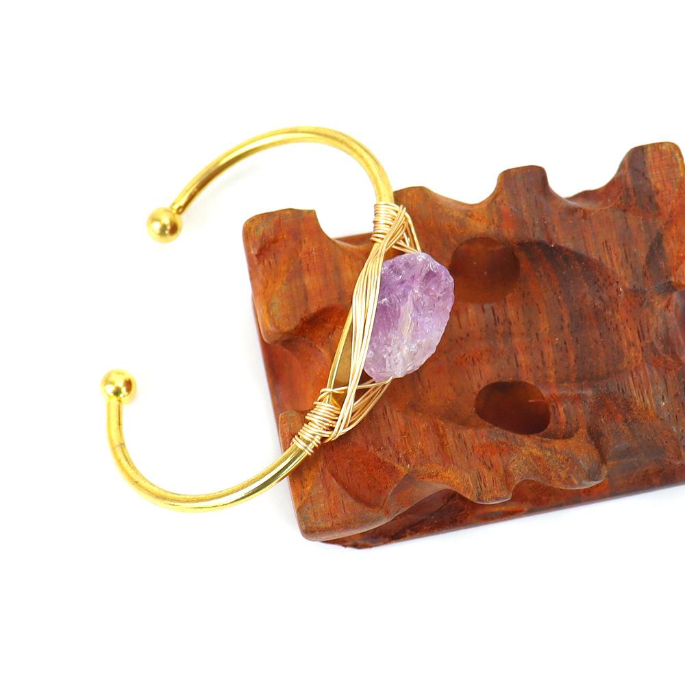 Handmade Gold Winding Natural Crystal Rough Stone Amethyst Bracelet, Bracelet Opening Adjustable B07