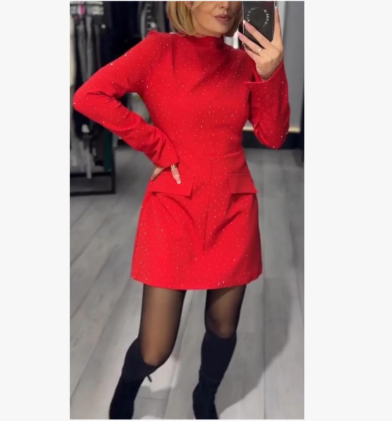 

New 2025 European-American Women s Slimming Rhinestone Dress - Spring/Summer Collection, Stylish Waist-cinching Design L красный