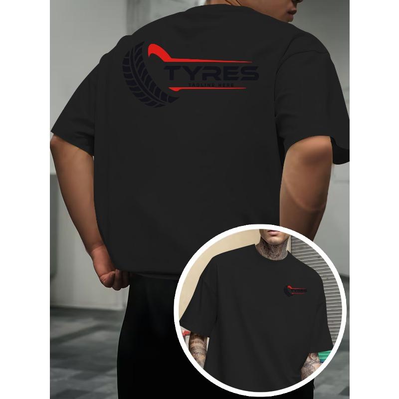 

European Size Men s T-shirt with Front and Back Double-sided Tire Letter Print, for Car Enthusiasts, Professional and Short-sleeved Top S чёрный