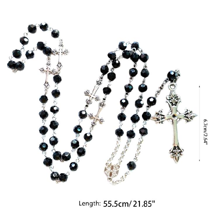 Retro Long for Cross Pendant Necklace Black Crystal Rosary Religious Jewelry
