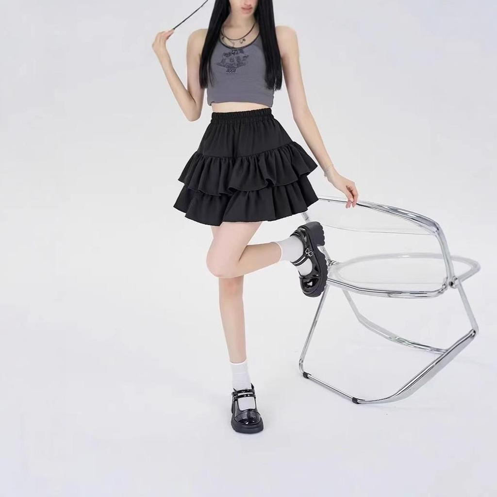 Women's Black Puff Cake A-Line Skirt - High Waist, Anti-Exposure, Slim Fit, Short Summer Skirt
