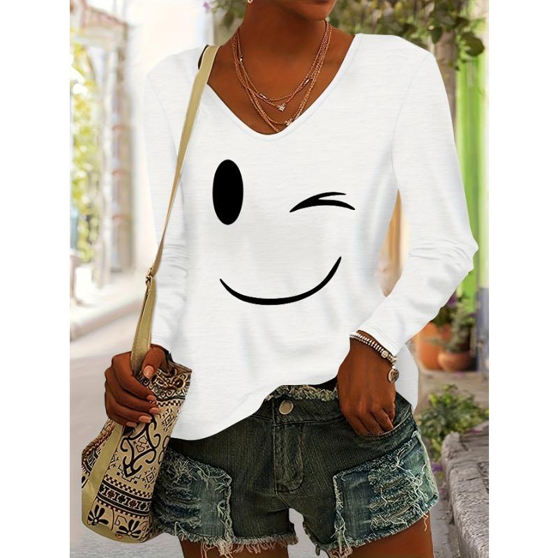 Smiling Face Women's Autumn,Winter Casual European,American Style Graphic Print T-Shirt