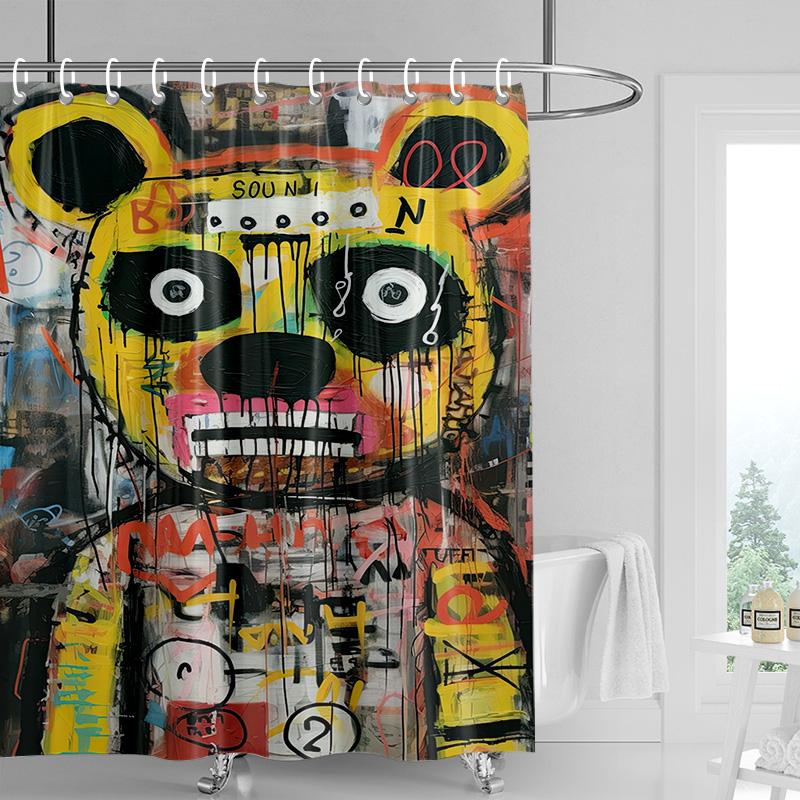 Edgy Cartoon Bear Shower Curtain - Yellow with Graffiti Text & Bold Colors, Waterproof with Grommets, Urban Bathroom Decor
