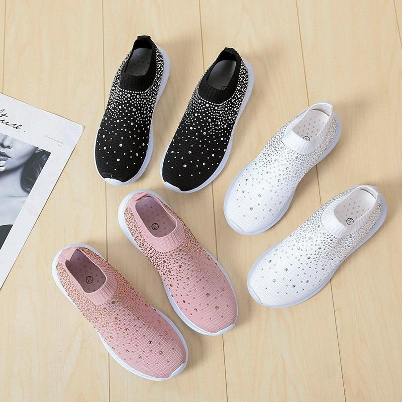Shoes Women's Large Size Rhinestone Flying Weaving Sneakers Rhinestone Breathable Casual Shoes Women