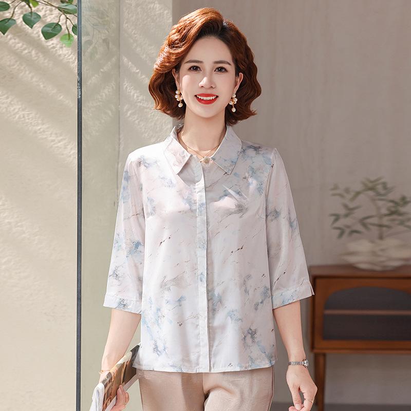 2026 Summer Faux Silk Shirt: Stylish Lapel T-shirt for Moms and Elderly Women 4XL (135-150 kg) синий