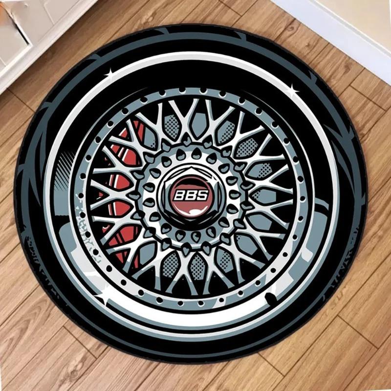 Soft Flannel Round Area Rug with Abstract Wheel Design, Cozy Living Room Floor Mat, Playful Home Decor Circle Carpet