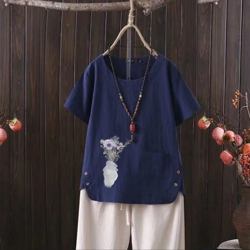 

Футболка женская из хлопка и конопли с V-образным вырезом и принтом в виде скандинавских цветов 2025 года — идеальный вариант для повседневной носки 4XL темно-синий