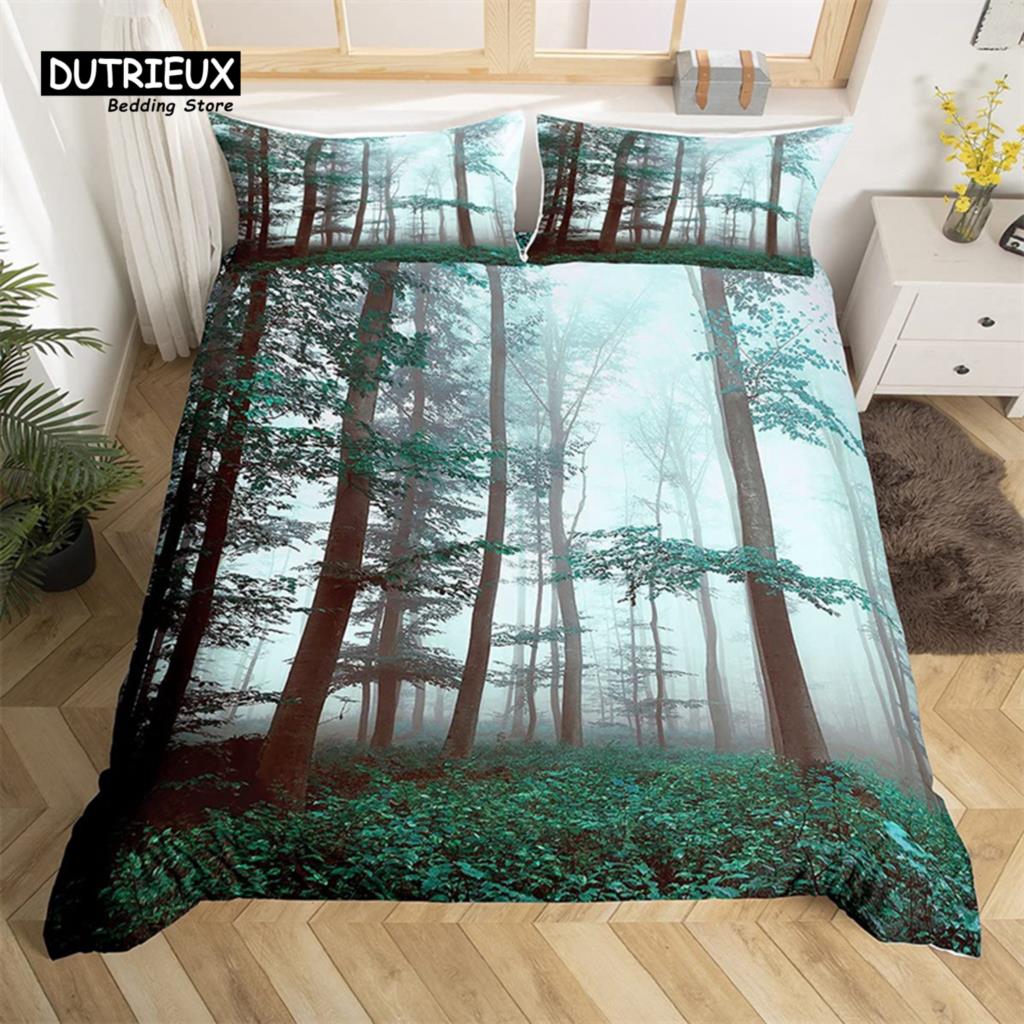 Dense Birch Trees with Red Leaves Duvet Cover Tree Lush King Bedding Set Polyester Jungle Nature Botanical Print Comforter Cover