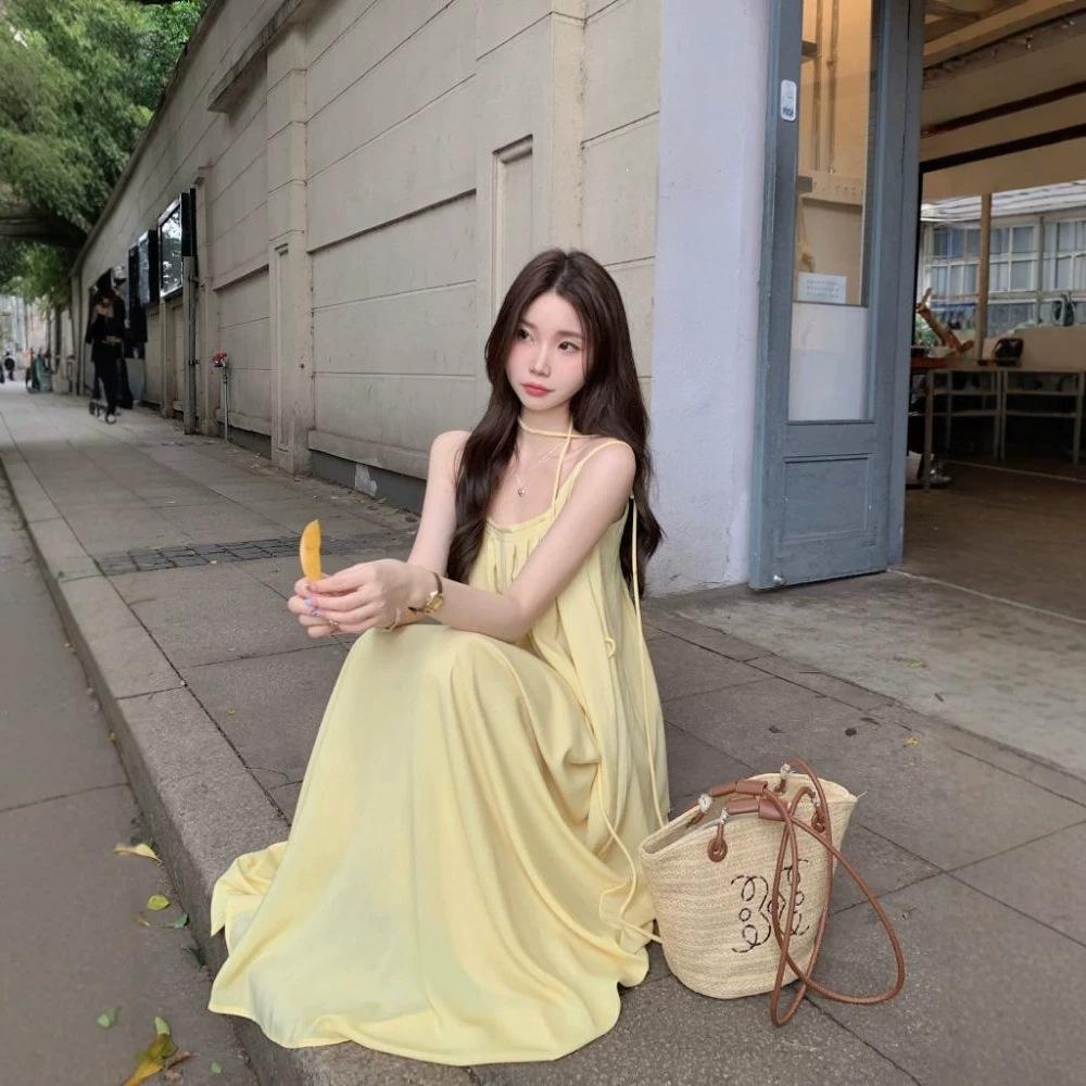 French gentle wind suspender dress summer new holiday loose age reduction thin A word medium and long dress women