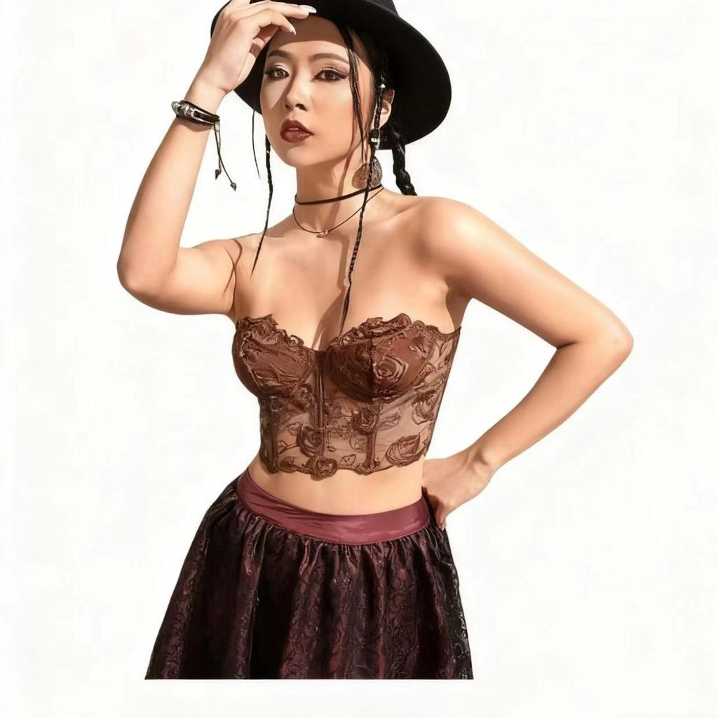 Black Hot Girl Mesh Embroidered Underwire Bustier Tank Top