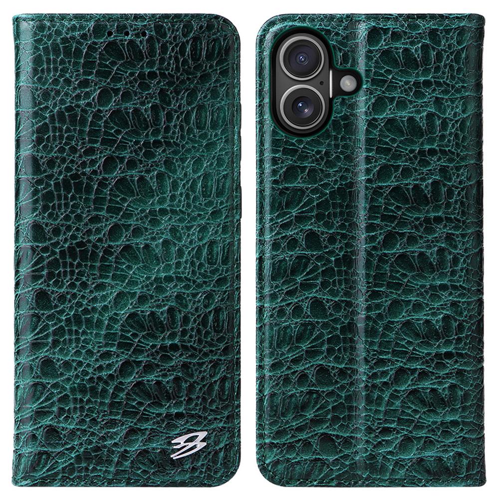 

FIERRE SHANN For iPhone 16 Plus Case Genuine Cow Leather Crocodile Texture Wallet Phone Cover Green