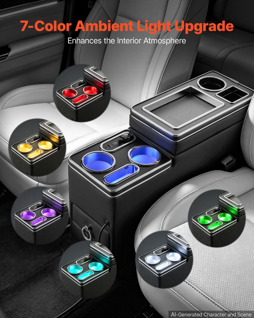 VEVOR Center Console Storage Box Between Seat with 7-Color Ambient Lights, USB/Type-C/Cigarette Lighter Charging