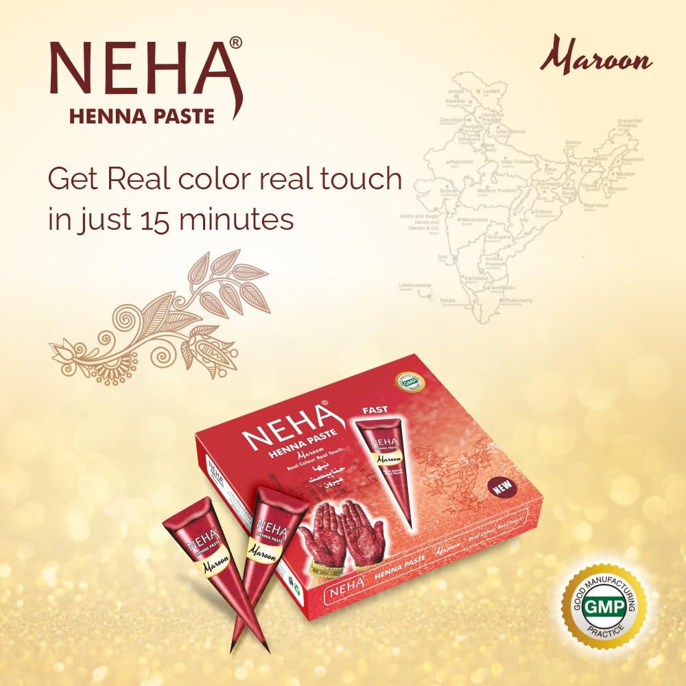 Neha Fast Instant Mehandi Cone - Pack of 12 Cones, 25g in each cone. (Maroon)