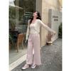 Yuzi Wide-Leg Jeans Plus-Size Women's American Retro Style High-Waisted Slimming Pink Cropped Pants for Spring and Autumn