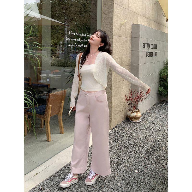 Yuzi Wide-Leg Jeans Plus-Size Women's American Retro Style High-Waisted Slimming Pink Cropped Pants for Spring and Autumn