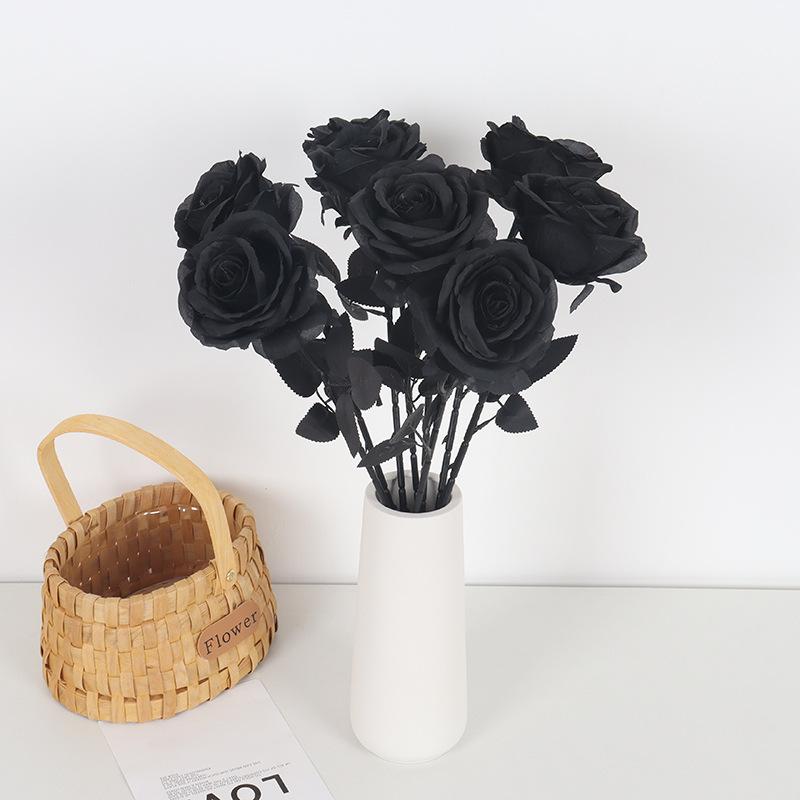 Artificial Black Roses Fake Flowers Long Stem with No Container for Halloween Festival Home Decor Wedding Party Tabletop Decor