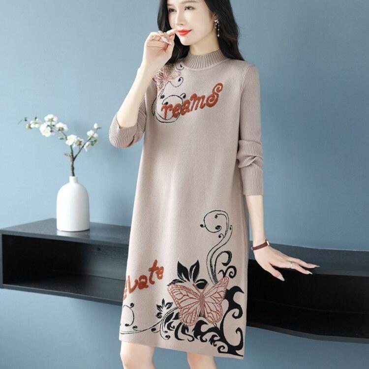 Women's Floral Knit Dress Loose Mid-length Thick Knit Sweater Dress Pullover Knit Dress