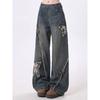 Jeans Américains Vintage à Fermeture Latérale avec Patch Papillon Jambe Large pour Femmes Automne/Hiver Design Tendance Taille Haute Amples Longueur Cheville
