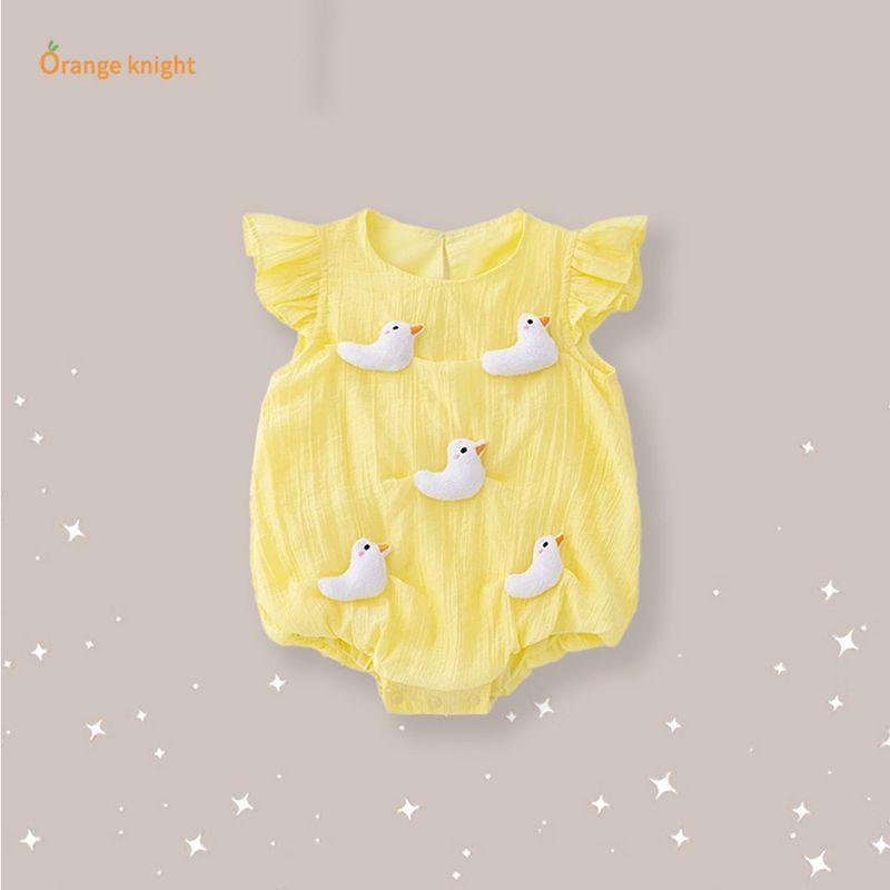 

100-Day-Old Baby Girl Newborn Summer Style Creamy Yellow Cute Plush Little Duck Flutter Sleeve Romper Onesie Creamy Yellow Plush Duck Bag Butt Jacket 59