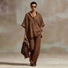 Women's Summer/Fall Casual Relaxed-Fit Solid-Color Shirt and Wide-Leg Pants Set