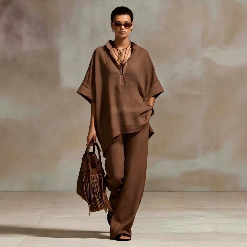 Women's Summer/Fall Casual Relaxed-Fit Solid-Color Shirt and Wide-Leg Pants Set