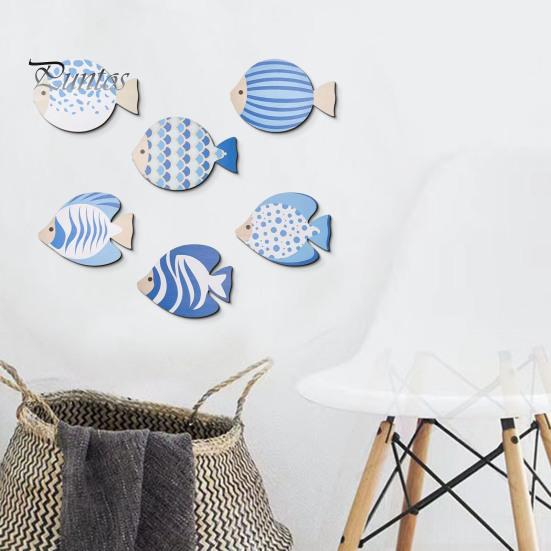Adhesive Fish Cutouts for Walls 6Pcs Wooden Wall Decor, Marine Striped Ocean Theme Stickers, Self-Adhesive Nature Inspired Art Coastal Beach Kids Room