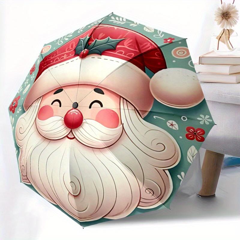 1pc Christmas Santa Automatic Open/Close Exquisite Umbrella - Compact Travel Umbrella, 8-Rib Heavy-Duty Construction, Ideal Gift, Outdoor Ac