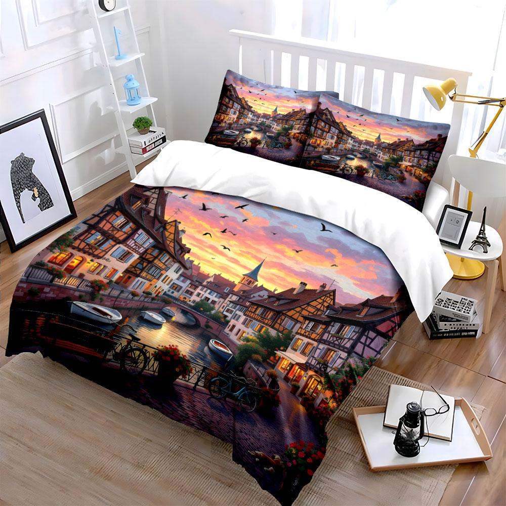 Rainbow Fairy Tale Town Scenery Duvet Cover Set With 3D Printing Design Soft Polyester Bedding Set All-Season Comfort For Gifts