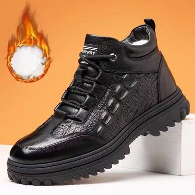 Autumn and Winter Men's Casual Shoes, Leather Shoes with Thick Soles, Comfortable Men's Shoes, High Top with Plush and Thick Cotton Boots, Men's Style