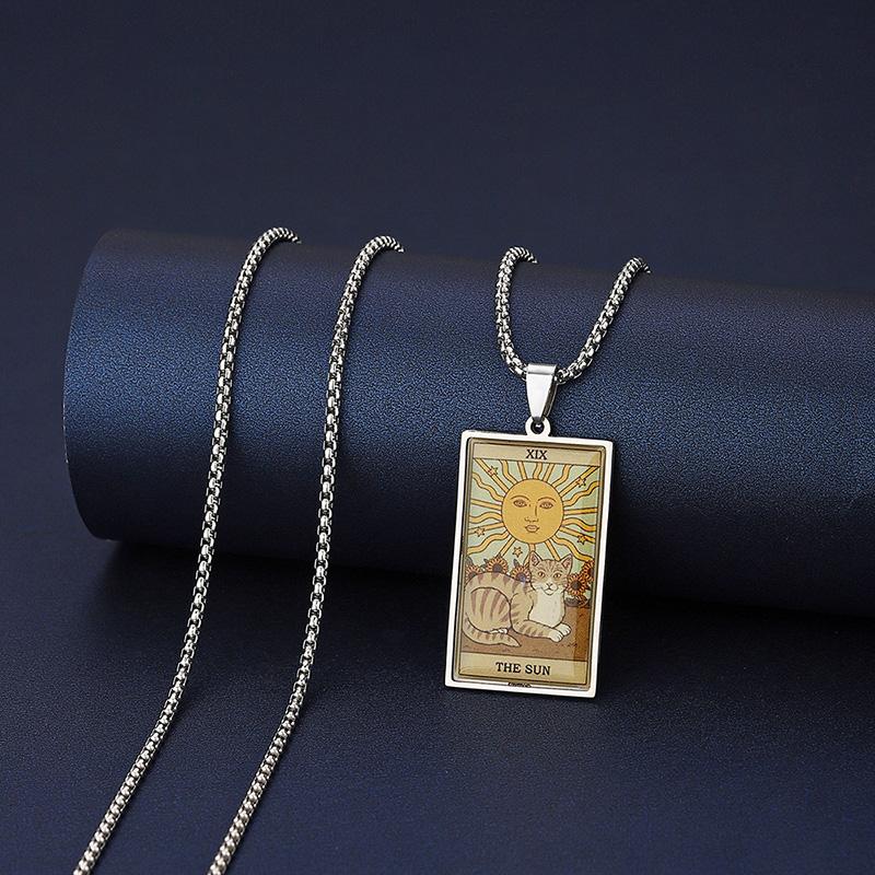Stainless Steel Epoxy Cat Tarot Card Pendant Necklace For Men Boys Animal Divination Jewelry