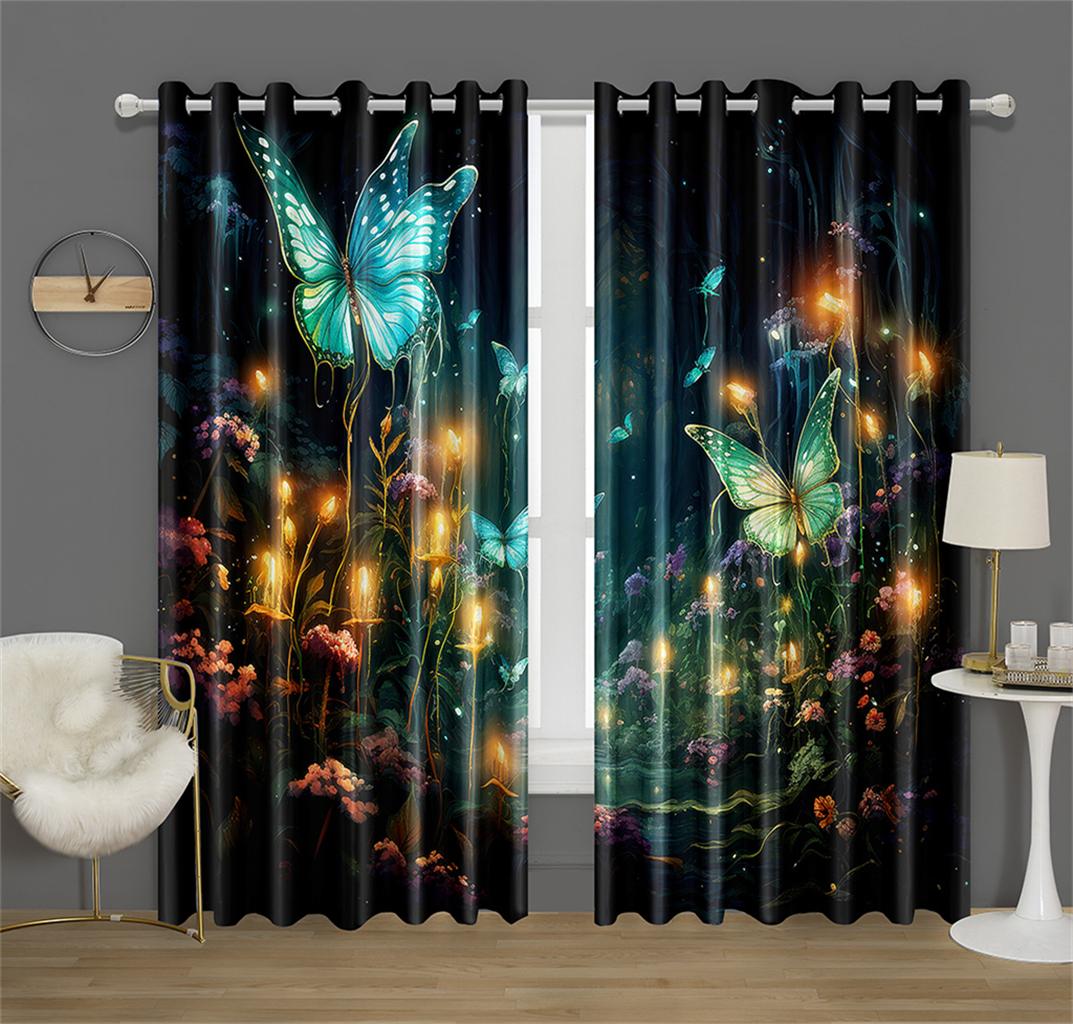 

3D-печатные цветочные шторы с бабочками, фиолетовые, синие, арт-модные, для спальни, гостиной, балкона, декоративные шторы, 2 шт. 50W130H(CM)X2PCS&Rod Pocket