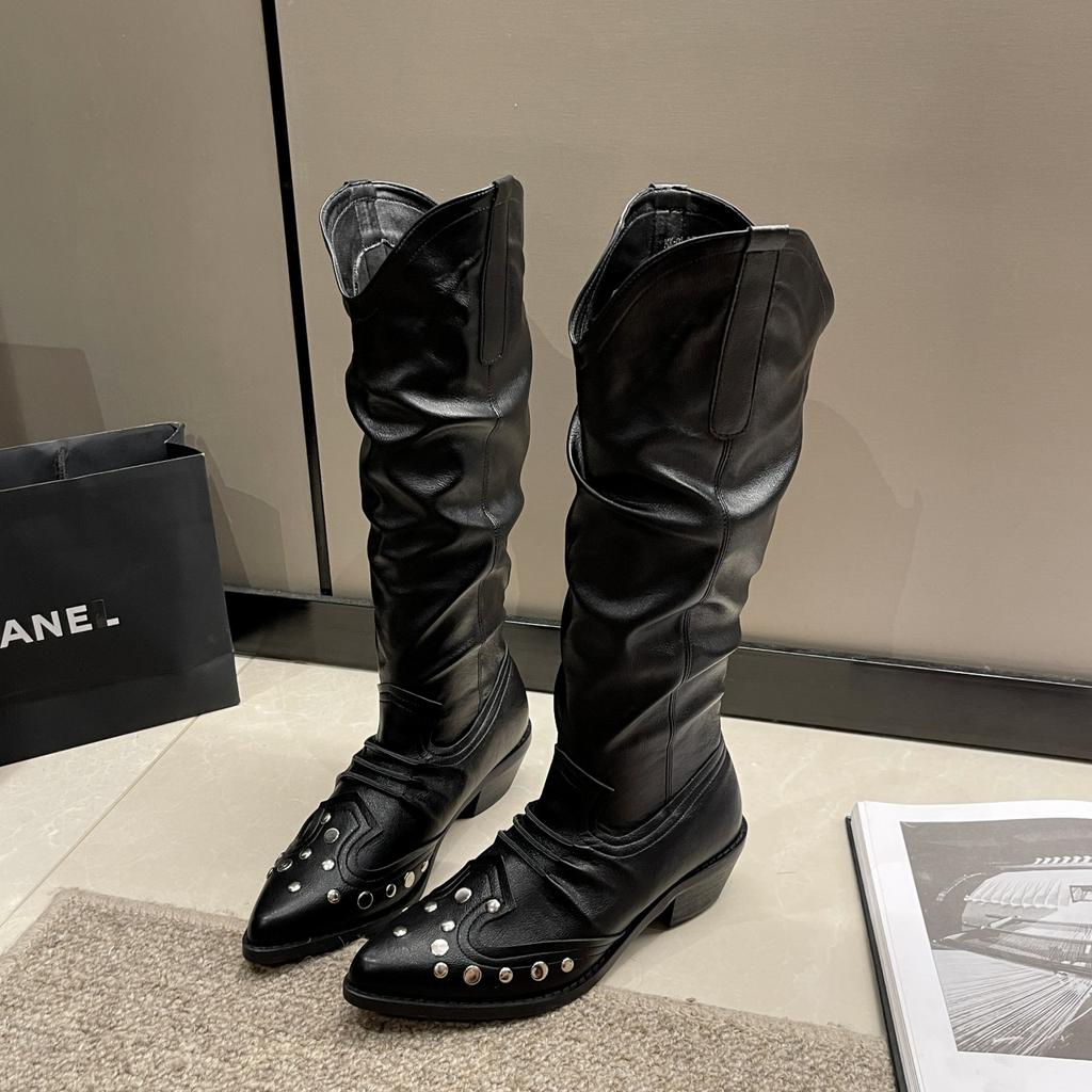 Fashion British Retro Pointed Western Cowboy Boots Rivet V-mouth Versatile Knight Boots