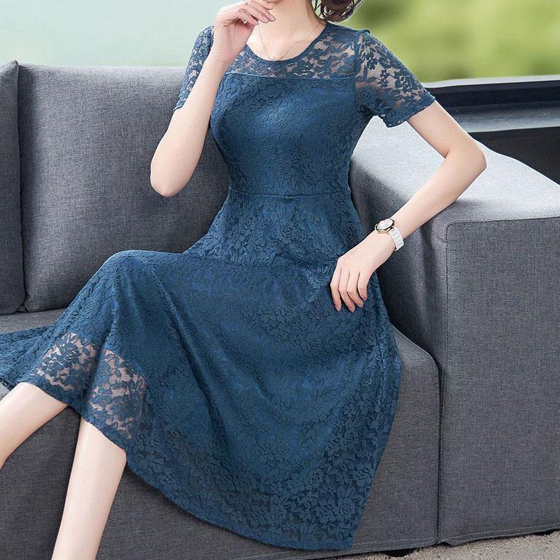 Sexy Lace Dress Women's Short Sleeve Summer Mid Length Dress Ladies Style Slim Dress Solid Color Casual Dress