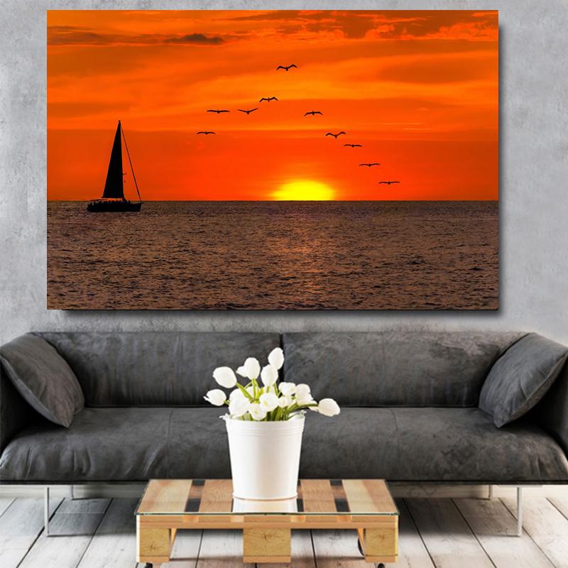 Sailing and Sunset HD Pictures Posters Prints Sailboat Surreal Ocean Birds Landscape Canvas Painting Wall Art Living Room Decor